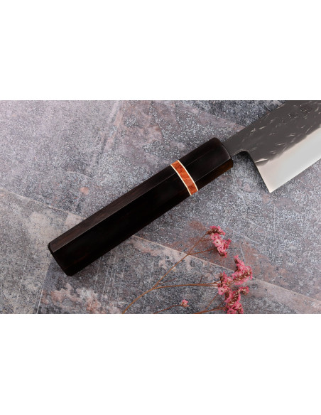 Faca de chef japonesa Yuzo Black SLD de 24 cm, feita à mão em ébano e madeira de marmelo