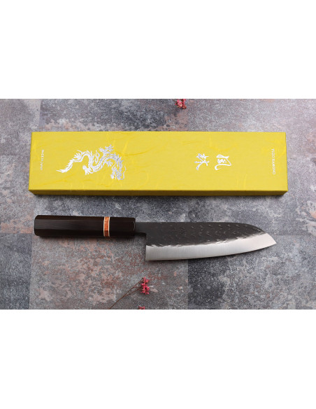 Cuchillo santoku japonés de 16,5cm Yuzo Black SLD de ébano y membrillo hecho a mano