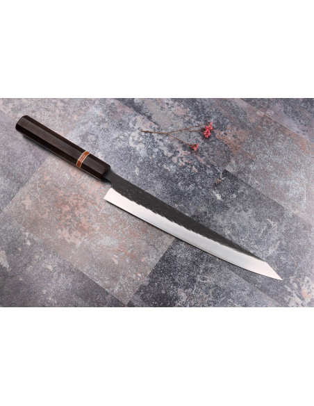 Faca japonesa sujihiki Yuzo Black SLD 24cm feita à mão em ébano e marmelo