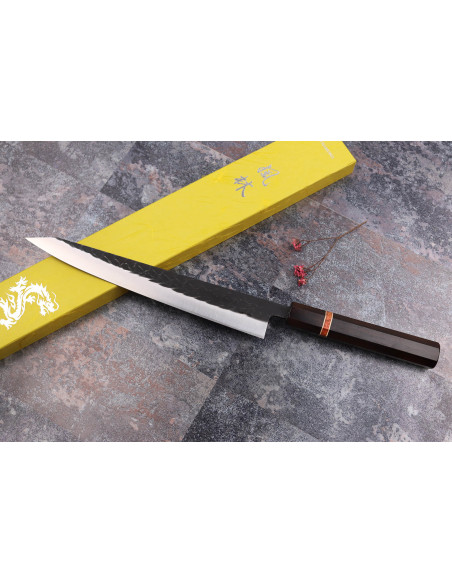 Yuzo Black SLD 24cm Japanese sujihiki knife ebony and quince