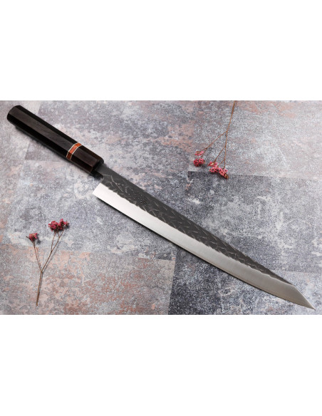 Faca sujihiki japonesa Yuzo Black SLD de 27 cm, feita à mão em ébano e marmelo