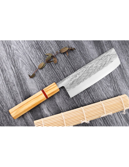 faca nakiri japonesa artesanal Yuzo SLD 16,5 cm de azeitona e sequoia