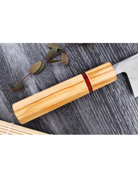 faca nakiri japonesa artesanal Yuzo SLD 16,5 cm de azeitona e sequoia