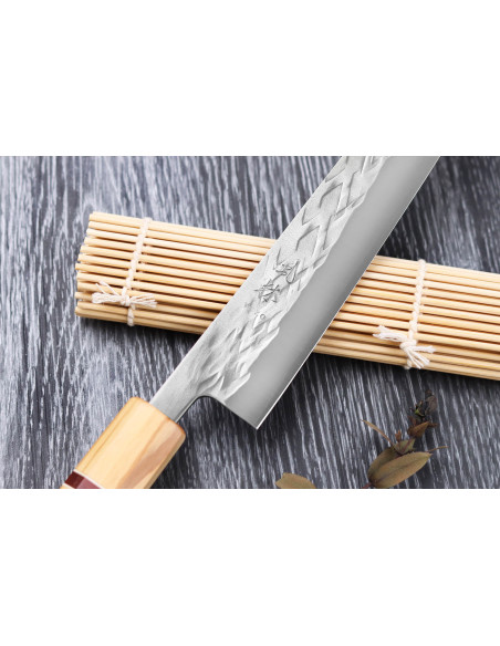 Yuzo SLD 24cm sujihiki cuchillo japonés hecho a mano de olivo y secuoya