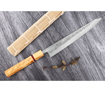 Yuzo SLD 24cm sujihiki cuchillo japonés hecho a mano de olivo y secuoya 2