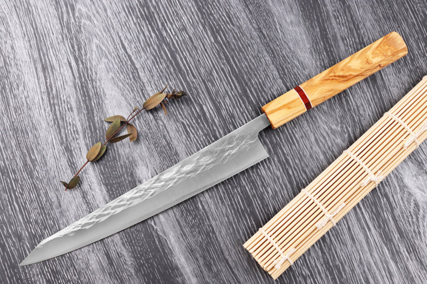 Yuzo SLD 24cm sujihiki olive and sequoia japanese handmade knife