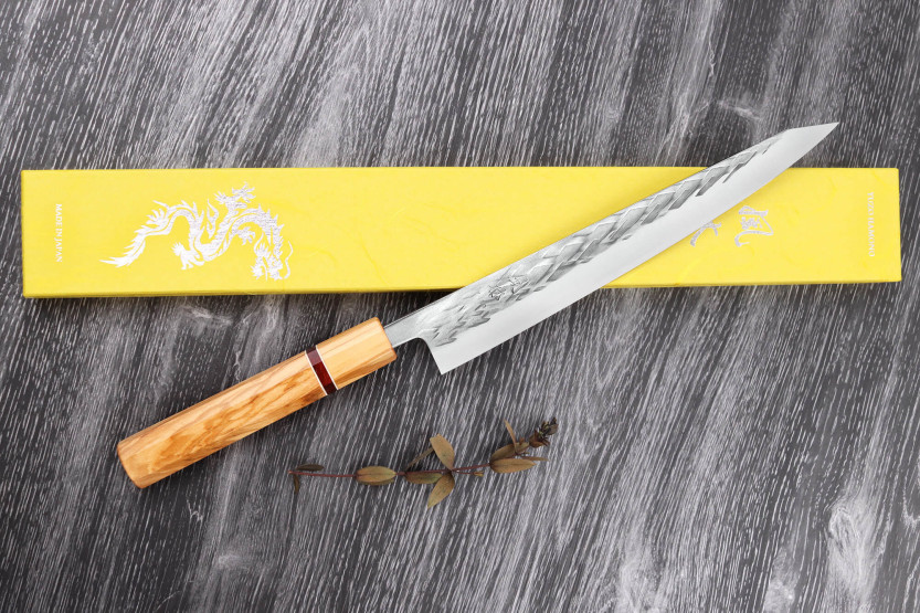 Yuzo SLD 24cm sujihiki olijf en sequoia japans handgemaakt mes