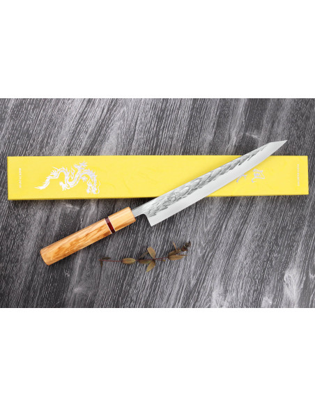 Yuzo SLD 24 cm sujihiki japansk håndlaget kniv i oliven og sequoia