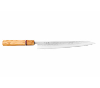 Yuzo SLD 27cm sujihiki oliva y secuoya cuchillo japonés hecho a mano