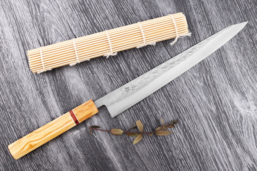 Sujihiki-Messer 27cm japanisch handgefertigt Yuzo SLD Olivenbaum und Sequoia
