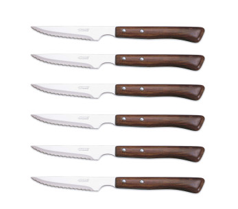 Set med 6 Arcos-stekknivar med trähandtag och blad av rostfritt stål med mikrotandning