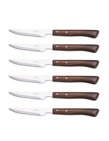 Juego de 6 cuchillos chuleteros Arcos con mango de madera y hoja microdentada de acero inoxidable