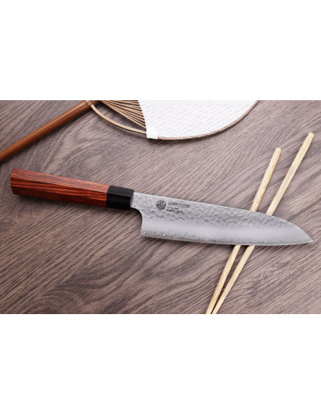 Kanetsugu Heptagon Uto 17cm hammered japanese santoku knife