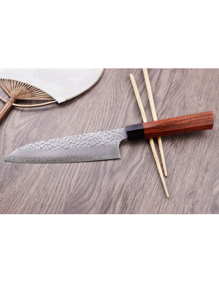 Kanetsugu Heptagon Uto 17cm hammered japanese santoku knife
