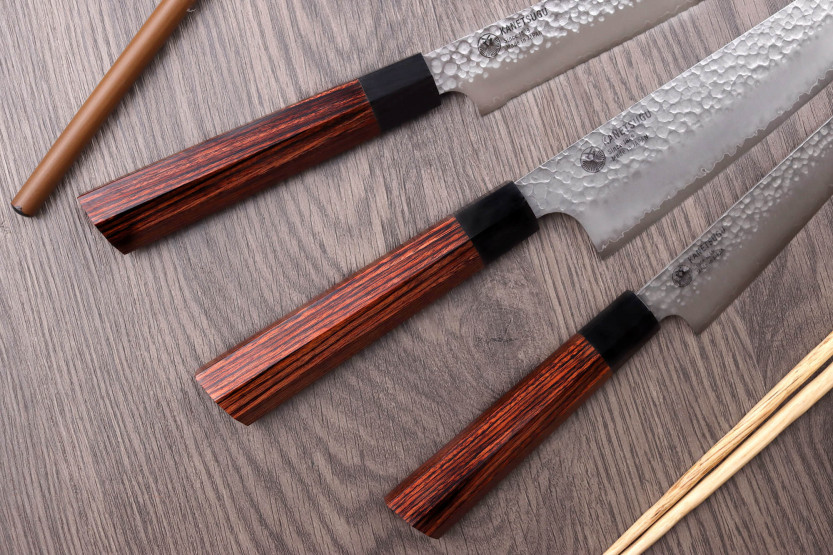 3-teiliges japanisches Messerset Kanetsugu Heptagon Uto Universal-, Koch- und Brotmesser
