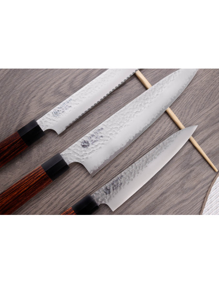 Set van 3 Kanetsugu Heptagon Uto universele, chef-kok en brood Japanse messen