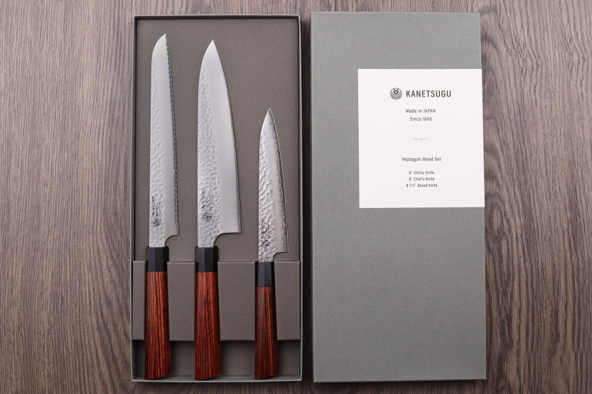 Set of 3 Kanetsugu Heptagon Uto universal, chef and bread japanese knives