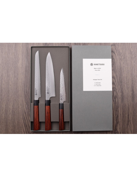Set van 3 Kanetsugu Heptagon Uto universele, chef-kok en brood Japanse messen