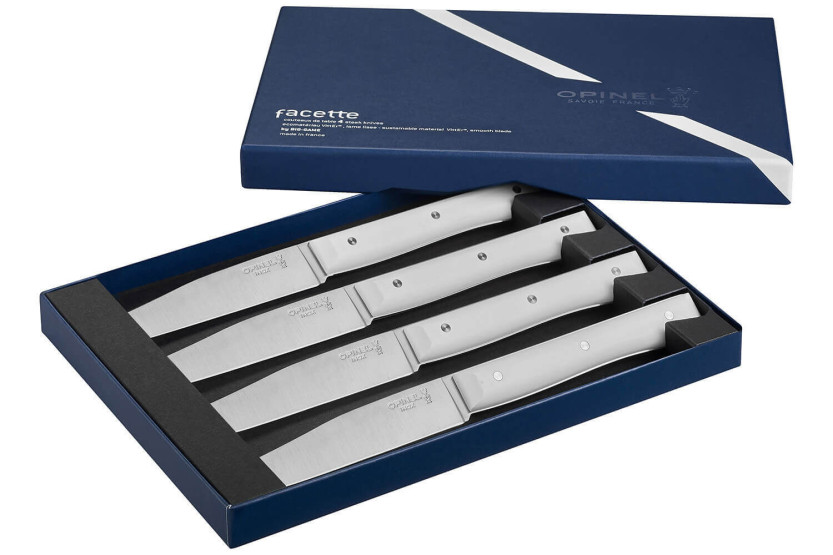 Sett med 4 Opinel Facette bordkniver VittEr® hvitt håndtak 11 cm glatt blad i rustfritt stål