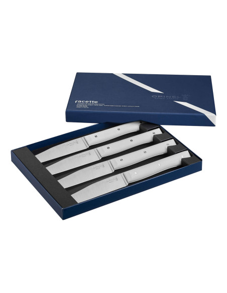 Sett med 4 Opinel Facette bordkniver VittEr® hvitt håndtak 11 cm glatt blad i rustfritt stål