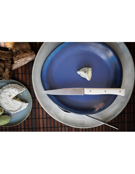 Set med 4 Opinel Facette bordsknivar VittEr® vitt skaft 11cm slätt blad i rostfritt stål