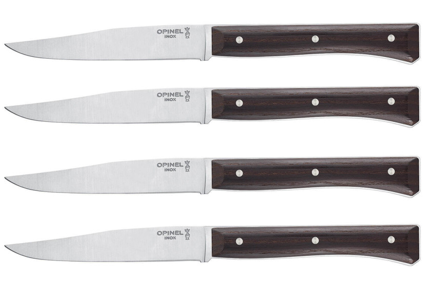 Æske med 4 Opinel Facette bordknive med skaft i mørk ask og glat blad i rustfrit stål 11 cm