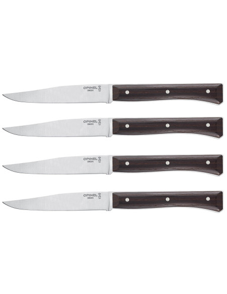 Æske med 4 Opinel Facette bordknive med skaft i mørk ask og glat blad i rustfrit stål 11 cm