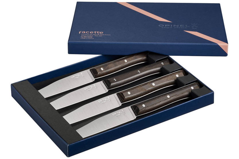 Set mit 4 Tafelmessern Opinel Facette Griff aus dunkler Esche Klinge 11cm Edelstahl glatt