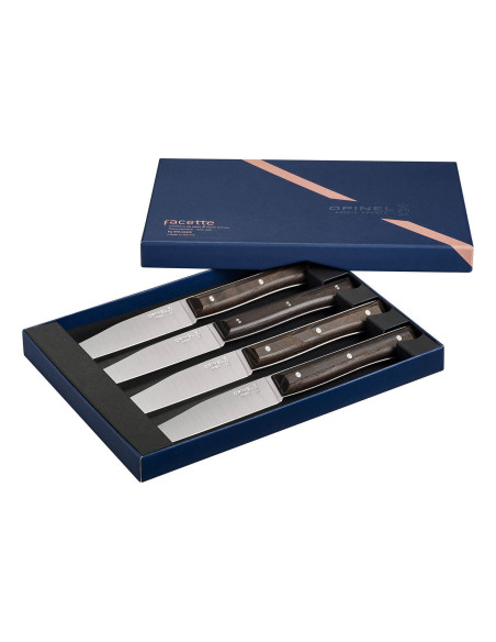 Set mit 4 Tafelmessern Opinel Facette Griff aus dunkler Esche Klinge 11cm Edelstahl glatt