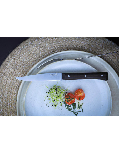 Æske med 4 Opinel Facette bordknive med skaft i mørk ask og glat blad i rustfrit stål 11 cm