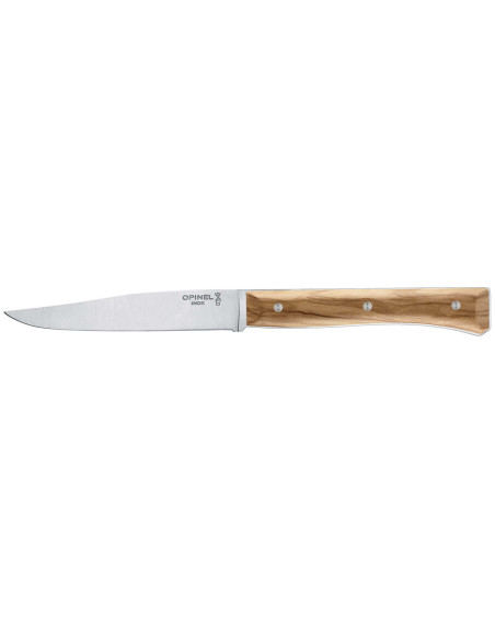 Set in scatola di 4 coltelli da tavola Opinel Facette con manico in legno d'ulivo e lama liscia in acciaio inox da 11 cm