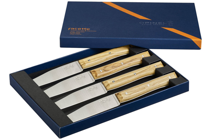 Set van 4 Opinel Facette tafelmessen olijfhouten handvat 11cm glad roestvrijstalen lemmet