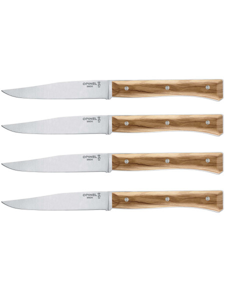Set van 4 Opinel Facette tafelmessen olijfhouten handvat 11cm glad roestvrijstalen lemmet