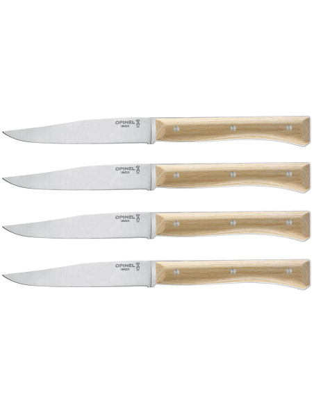 Sett med 4 Opinel Facette bordkniver i eske askeskaft 11 cm glatt blad i rustfritt stål