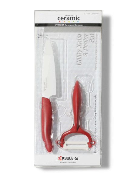 Set di coltelli e pelapatate verticali Kyocera da 11 cm, manico rosso