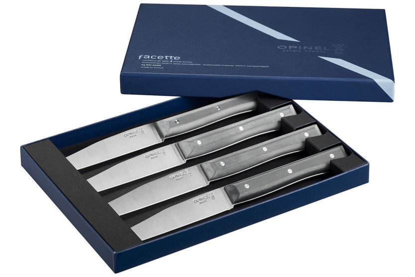 Æske med 4 Opinel Facette bordknive VittEr® skiferhåndtag 11 cm blad i rustfrit stål med mikrotanding