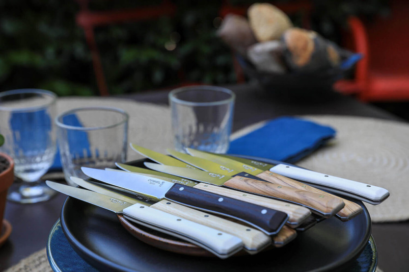 Sæt med 4 Opinel Facette Panaché-bordknive, 11 cm glat blad i rustfrit stål