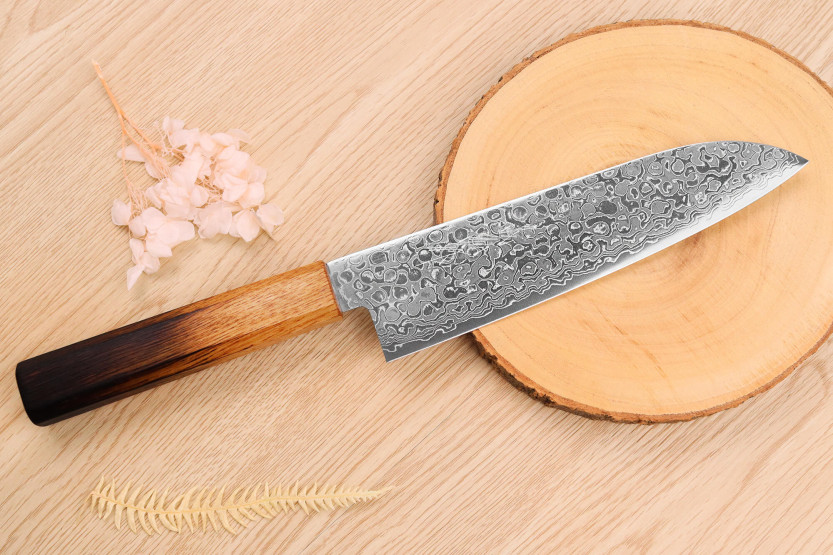 faca santoku japonesa faca santoku Yoshihiro Zad de 18 cm feita à mão com lâmina de damasco