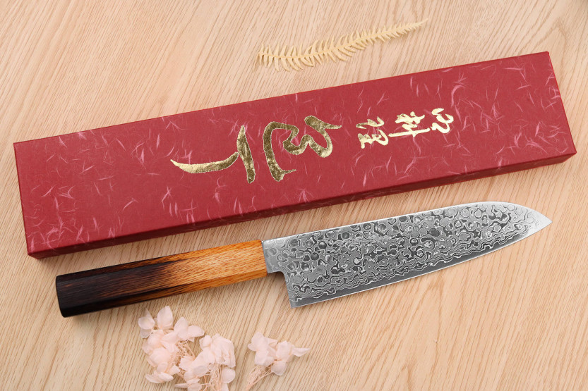 faca santoku japonesa faca santoku Yoshihiro Zad de 18 cm feita à mão com lâmina de damasco