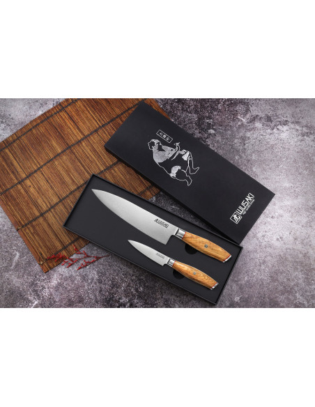Conjunto de 2 facas Wusaki Fujiko 10CR damascus Chef + Aparar Facas Chef + Aparar