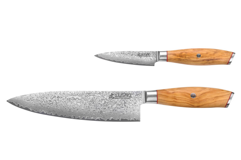 Sett med 2 Wusaki Fujiko 10CR damaskus kokkekniver + paringskniver