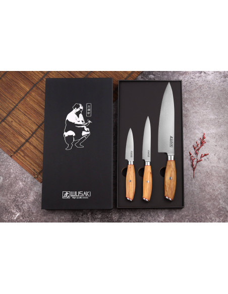 Set med 3 Wusaki Fujiko 10CR damaskusknivar Chef + Paring + Universal