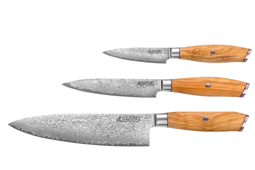 Set van 3 Wusaki Fujiko 10CR damascus koksmessen + schilmessen + universele messen