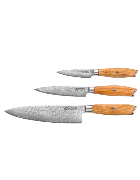 Set di 3 coltelli Wusaki Fujiko 10CR damascati Chef + Spelucchino + universale