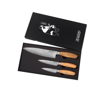Conjunto de 3 facas Wusaki Fujiko 10CR damascus Chef + Aparar + Universal