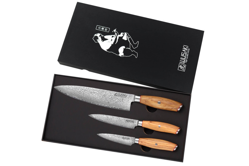 Set med 3 Wusaki Fujiko 10CR damaskusknivar Chef + Paring + Universal