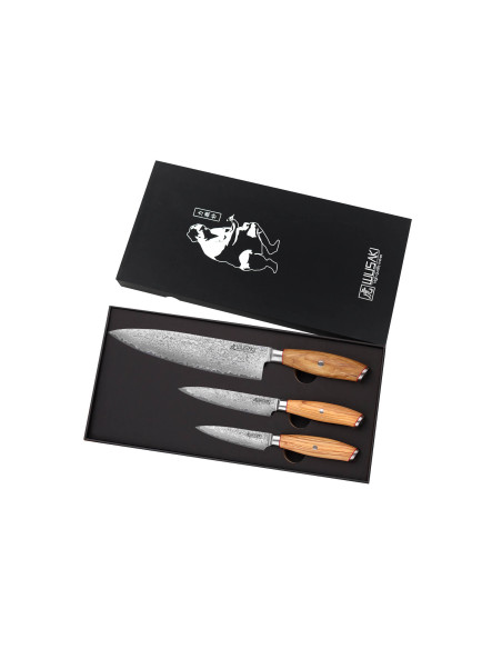 Set med 3 Wusaki Fujiko 10CR damaskusknivar Chef + Paring + Universal