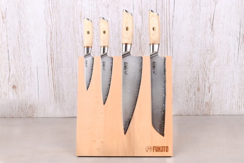 Bloque magnético de haya maciza Fukito para 4 cuchillos de cocina