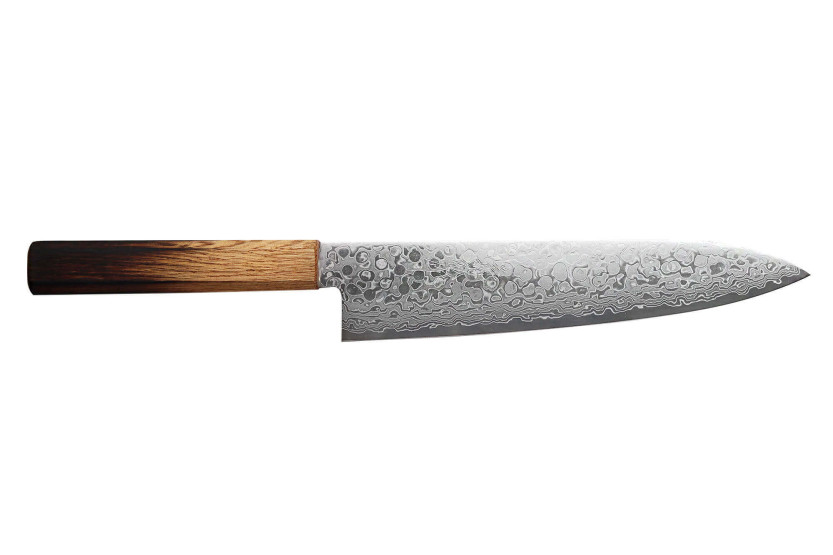 Coltello da chef giapponese fatto a mano da Yoshihiro Zad con lama damascata da 21 cm