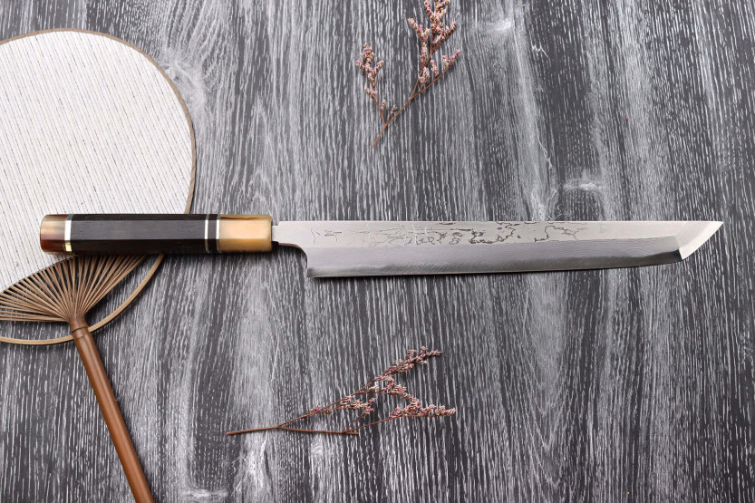 Naoki Mazaki Damascus 27cm kirkas sarvi sakimaru takohiki japanilainen käsityöveitsi